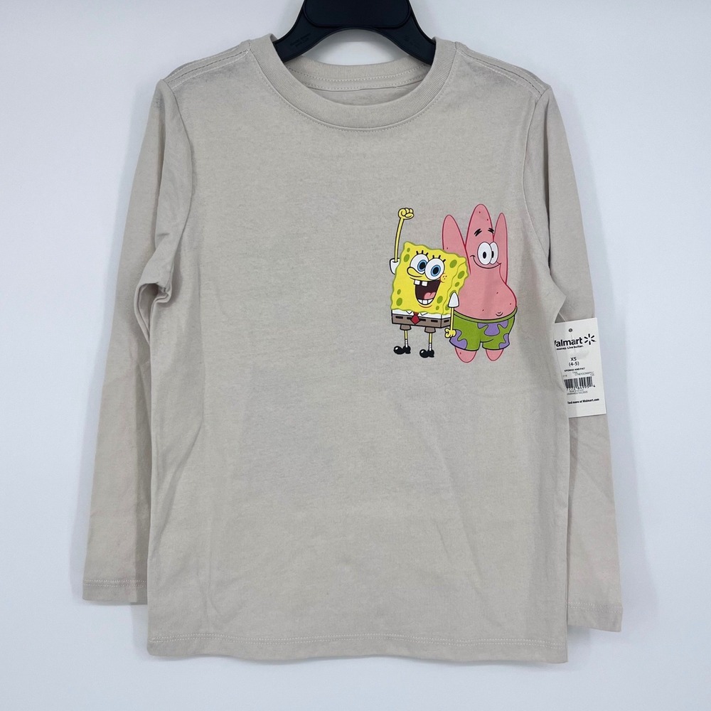 Nickelodeon SpongeBob‎ Long Sleeve Kids XS 4-5 Tan Graphic Tee Character Collage